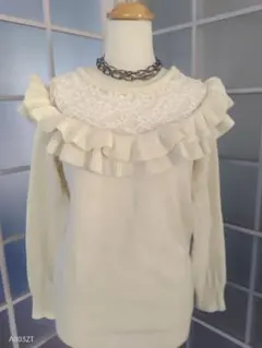 ✈*️様 美品★フリル　レース　ニットプルオーバー オフホワイト