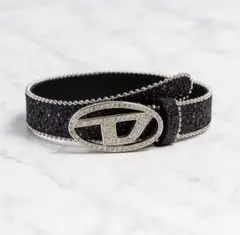 DIESEL ベルト ブラック キラキラ B-1DR STRASS 20 1.9cm slim leather belt with crystal buckle