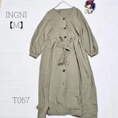 イング　シャツワンピース　Vネック ウエストマーク　スタイルアップ　カーキ【M】