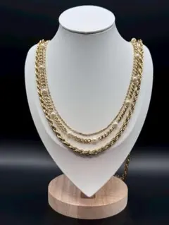 ゴールドカラー 多連チェーン パール調 デザインネックレス レディース