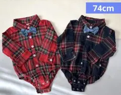 【 双子コーデも◎ 】蝶ネクタイ チェック柄ロンパース 74cm
