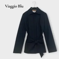 ビアッジョブルー ウールコート ショート丈 ベルト付 裏地ヒョウ柄 ブラック S