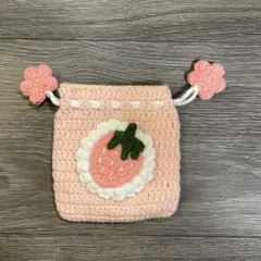 かぎ編み ミニ巾着 いちごモチーフ ピンク ハンドメイド ポーチ