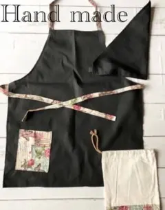 ハンドメイド子供エプロン&三角巾&巾着3点セット 蝶薔薇① 150センチ