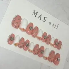 ネイルチップ 全サイズ ピンク 小花 ハート ホワイト ミディアムシンプル 春夏