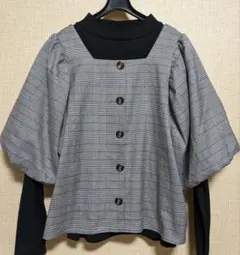 パフ袖 ボリューム袖 グレンチェック ブラウス ぽわん袖 スクエアネック