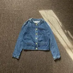 Y2K 短丈 デニムジャケット ノーカラー 金ボタン クロップド カジュアル