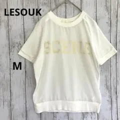 【ルスーク】ホワイト　半袖プリントTシャツ　白M　異素材　タオル地　シンプルのサムネイル
