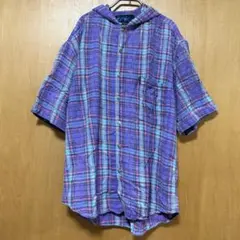 90s RHINOCEROS 半袖ネルシャツ パーカー チェック紫 【Lサイズ】