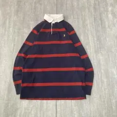 90s ポロラルフローレン　ラガーシャツ　ボーダー　刺繍ロゴ　Sサイズ