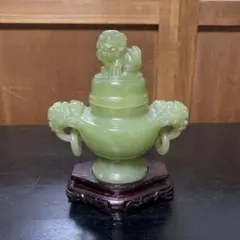 天然石 翡翠 香炉 獅子摘み 彫刻 置物