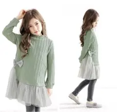 新品未使用タグ付き【25年AW新色】異素材切り替え長袖ニットワンピ ミント150