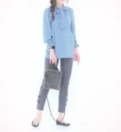 ＆Loveハート千鳥の上品魅せボウタイブラウス《モーブブルー》