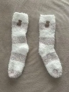 ジェラートピケ クマ刺繍 ボーダー もこもこルームソックス