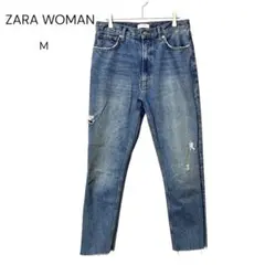 ザラ【ZARA】ダメージ加工デニム 裾フリンジ ジーンズ M相当インディゴブルー