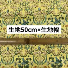 生地　綿100% 布　はぎれ　50cm イエロー　マスタード　鳥　モリス風　国産