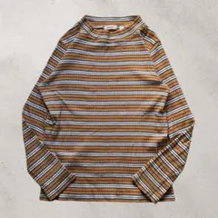 ボーダーカットソー リブ ハイネック 綿100 古着 きれいめカジュアル SS