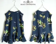 美品グレースコンチネンタル☆レトロフラワープリント ノースリーブブラウス36 紺