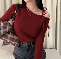 アシメワンショルデザインリブニット