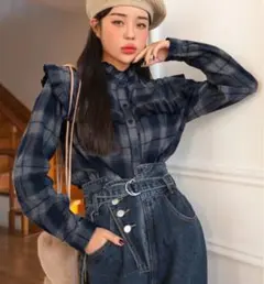 ネイビー系チェックフリル長袖シャツ　ヴィンテージ　ガーリー