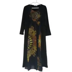 美品HAIKARA☆フロント柄デザインBLACKロングワンピース☆定価約1.5万