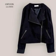 【オフオン】OFUON✨美品✨ノーカラージャケット　ヌバック調　ライダース風　黒