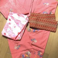ヴィンテージ￼ ウール　アンサンブル　襦袢付き　コーラルにカラフルポップな椿