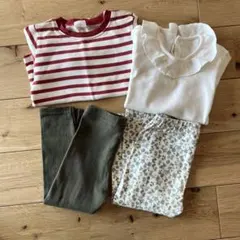 四点セット　上下90センチ　カットソー　ブラウス　フリル襟付き　花柄パンツ