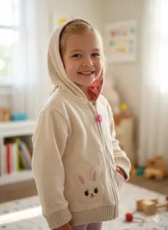 1/4以降発送/mikihouseウサギ刺繍 フリースパーカー クリーム色