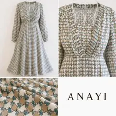 【美品】ANAYI アナイ ピンドットプリント袖ギャザー ワンピース　ロング 美品】ANAYI アナイ ピンドットプリント袖ギャザー ワンピース ロング