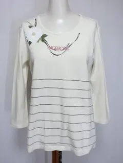INGEBORG インゲボルグ　オフ白に花柄とボーダーの9分袖 Tシャツ M