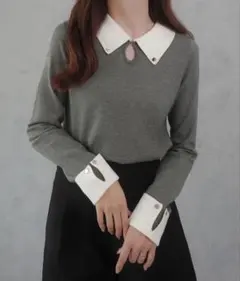 JUNOAH / ジュノア バイカラーニットトップス グレー