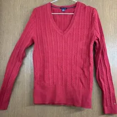 TOMMY HILFIGER 赤 Vネック ケーブルニット L
