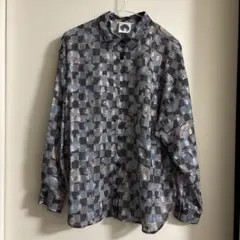 スカラー scolar きのこ　総柄 長袖 カジュアルシャツ グレー系 チェック