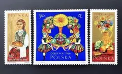 海外切手　未使用　外国切手　ポーランド　1966年　伝統的な収穫祭　3種完
