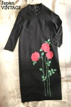 【美品】ヴィンテージ ちりめん生地 薔薇プリント ワンピース
