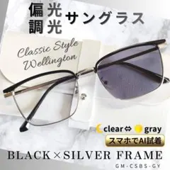 偏光 調光 サングラス ウェリントン 黒 銀縁 クリア グレーレンズ 伊達眼鏡