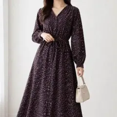 ユニクロ【S】プリントVネックロングシャツワンピース 長袖