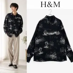 H&M 総柄レーヨンシャツ L スリムフィット タグ付 水墨画 日本庭園のサムネイル