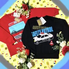 【新品】男の子長袖トレーナー120㎝2枚組暖か裏起毛　赤＆黒　乗り物柄カッコいい