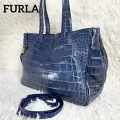 希少カラー フルラ FURLA クロコ型押し 2WAY トートバッグ ネイビー