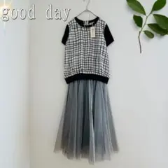 新品good day 半袖バイカラーチェック柄カットソー（S）アイボリー
