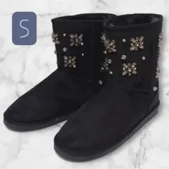 ビジュー付きムートンブーツ ブラック S 装飾 ビーズ エレガント インヒール