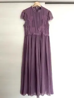 パーティドレス パープル シフォン レース装飾