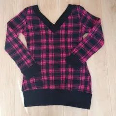 レディース　ニット　Vネック　チェック　チュニック