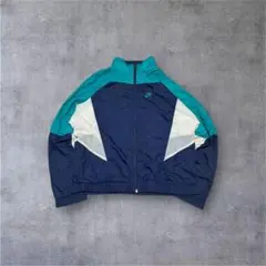 90s ナイキ ナイロンジャケット M 紺 白 刺繍ロゴ 銀タグ レトロ 好配色