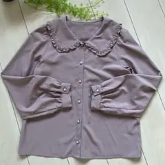 フリル襟 ブラウス 長袖 くすみピンク M パールボタン