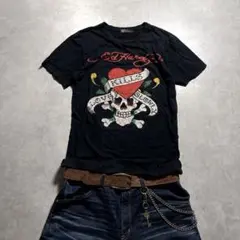 ED HARDY ラインストーン スカル ハート Tシャツ Y2K 古着 黒