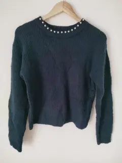 レディース セーター ネイビー パール装飾付き ニット 【Mサイズ】