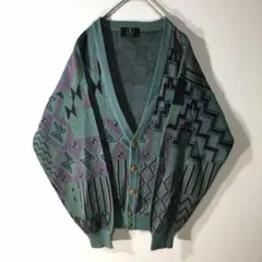 【個性派古着】長袖ニットカーディガン　幾何学模様　アーガイル柄　緑　麻　メンズM